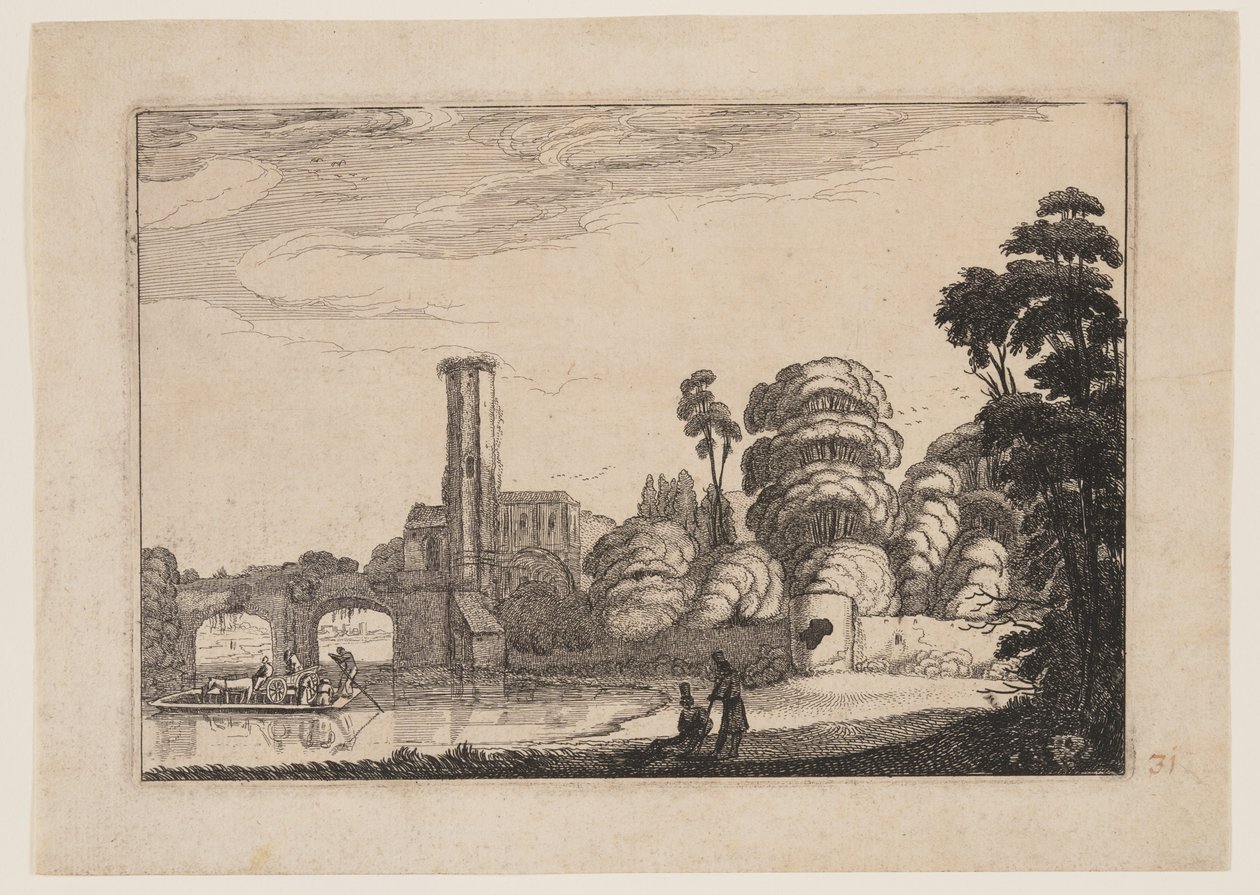 Færge foran en stenbro af Jan van de Velde II