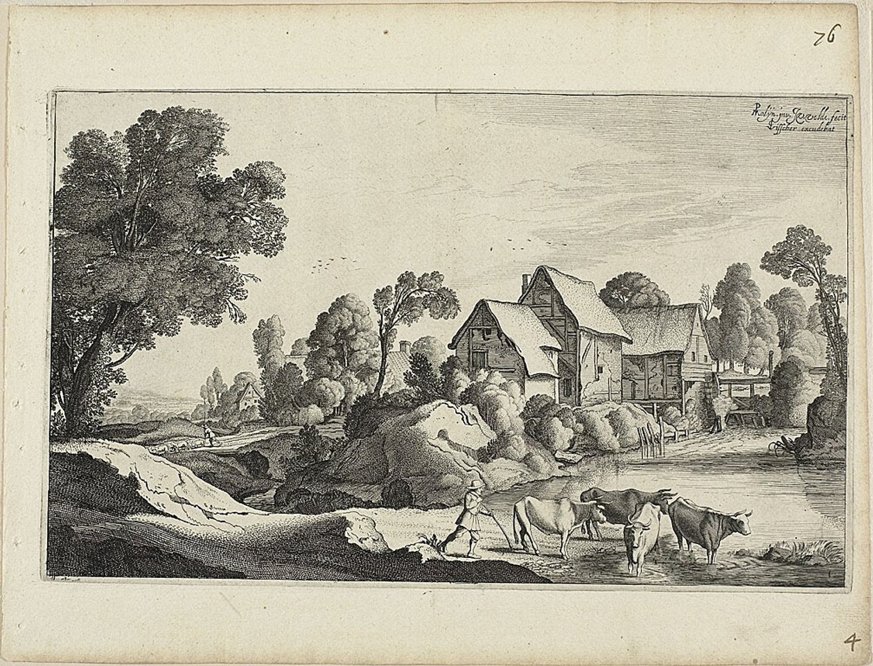 Kvægflok ved et vadested nær en vandmølle af Jan van de Velde II