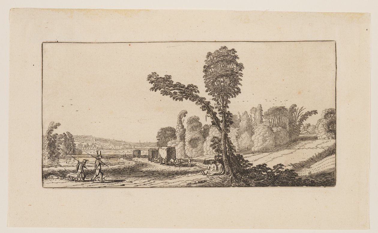 Landskab med jægere og høtyve, fra Seks landskaber af Jan van de Velde II