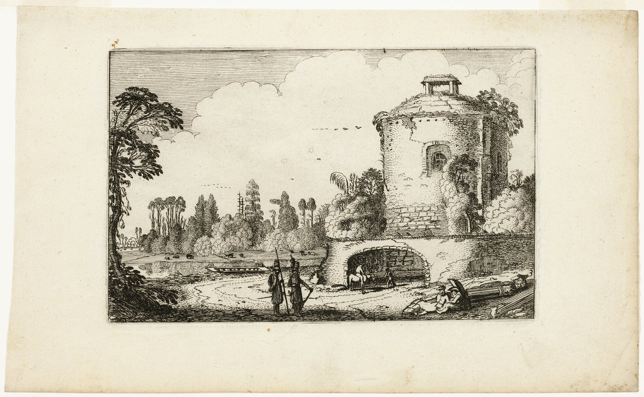 Landskab med et rundt tårn af Jan van de Velde II