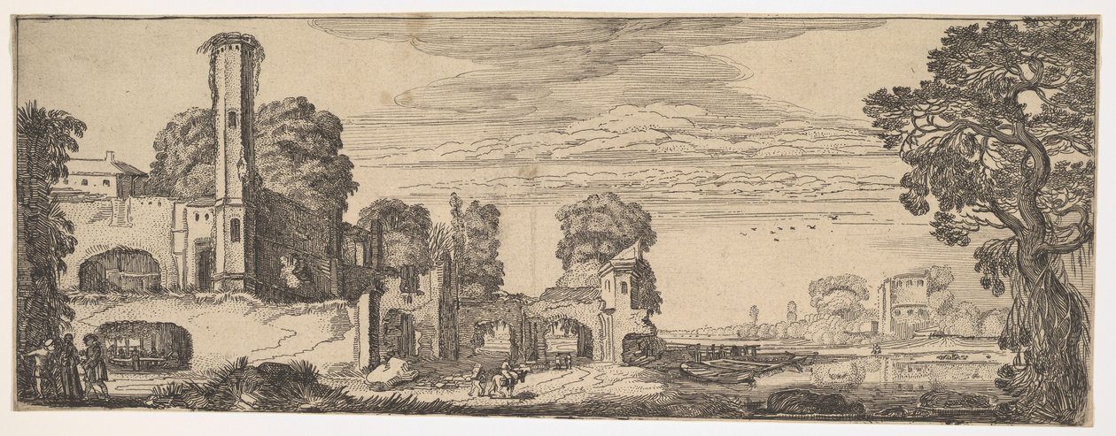 Flodlandskab med ruiner af et slot fra Landscapes and Ruins, ca. 1615. af Jan van de Velde II