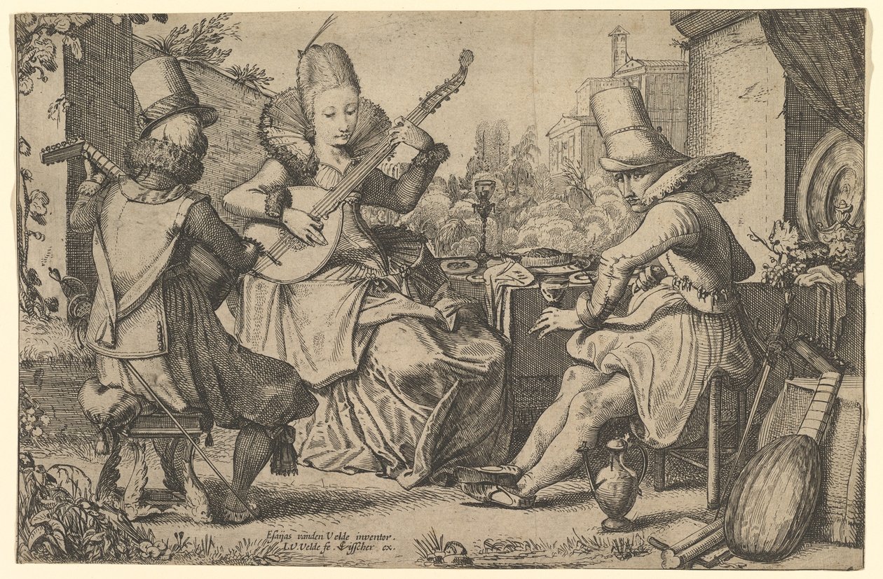 To elegant klædte mænd og en kvinde i en have, 1613-41. af Jan van de Velde II