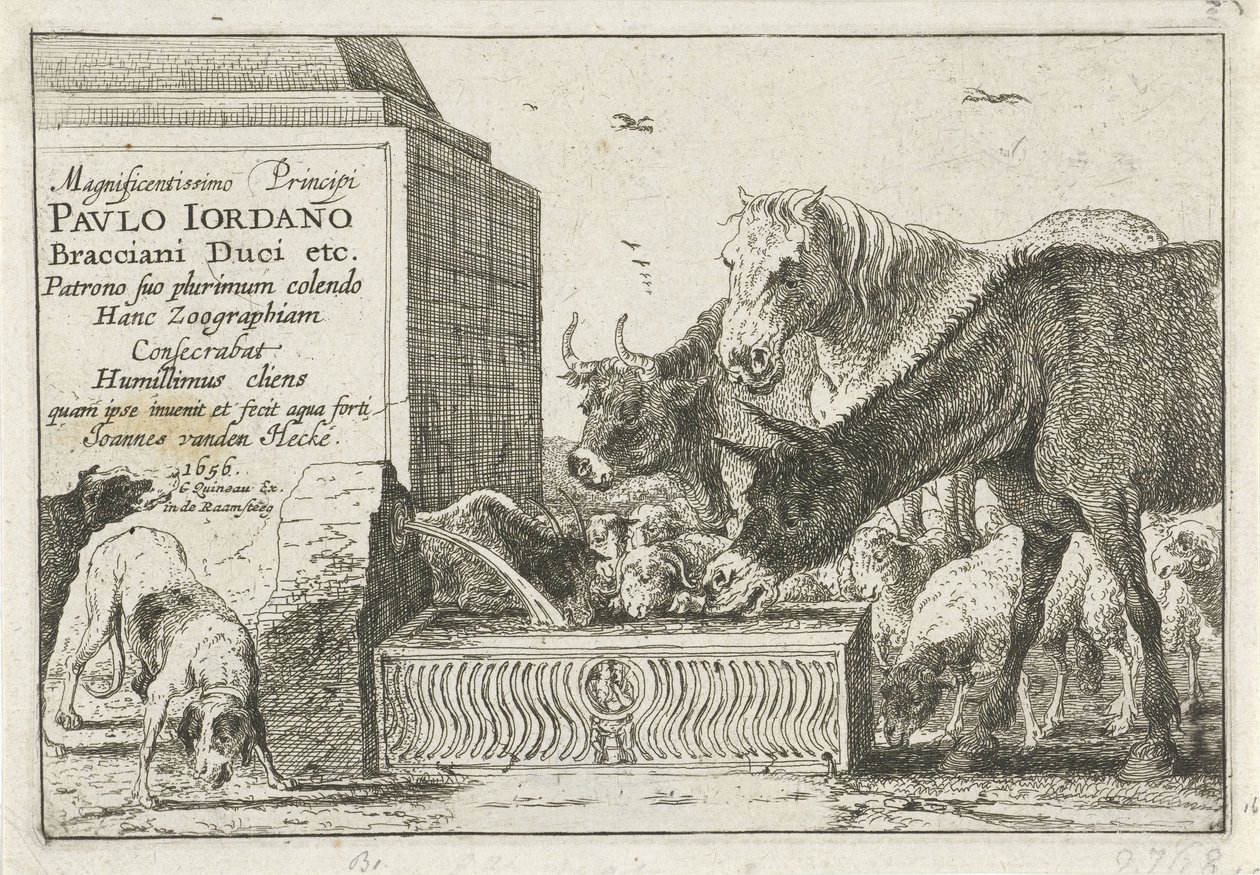 Dyr ved et springvand Titeltryk af en serie af tryk, der forestiller dyr Dyr (serietitel) Zoographiam (serietitel på objekt) af Jan van den Hecke