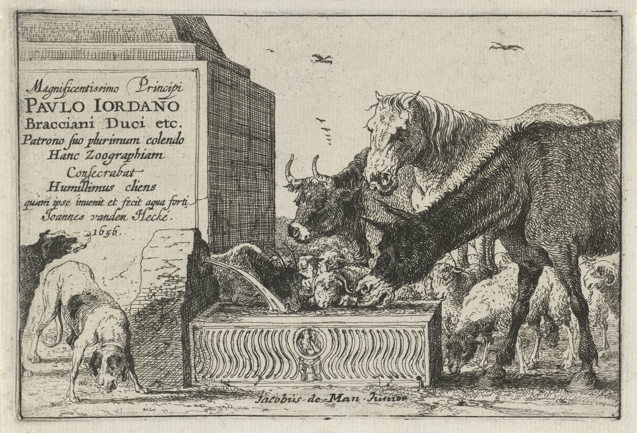 Dyr ved et springvand Titeltryk af en serie af tryk, der forestiller dyr Dyr (serietitel) Zoographiam (serietitel på objekt) af Jan van den Hecke