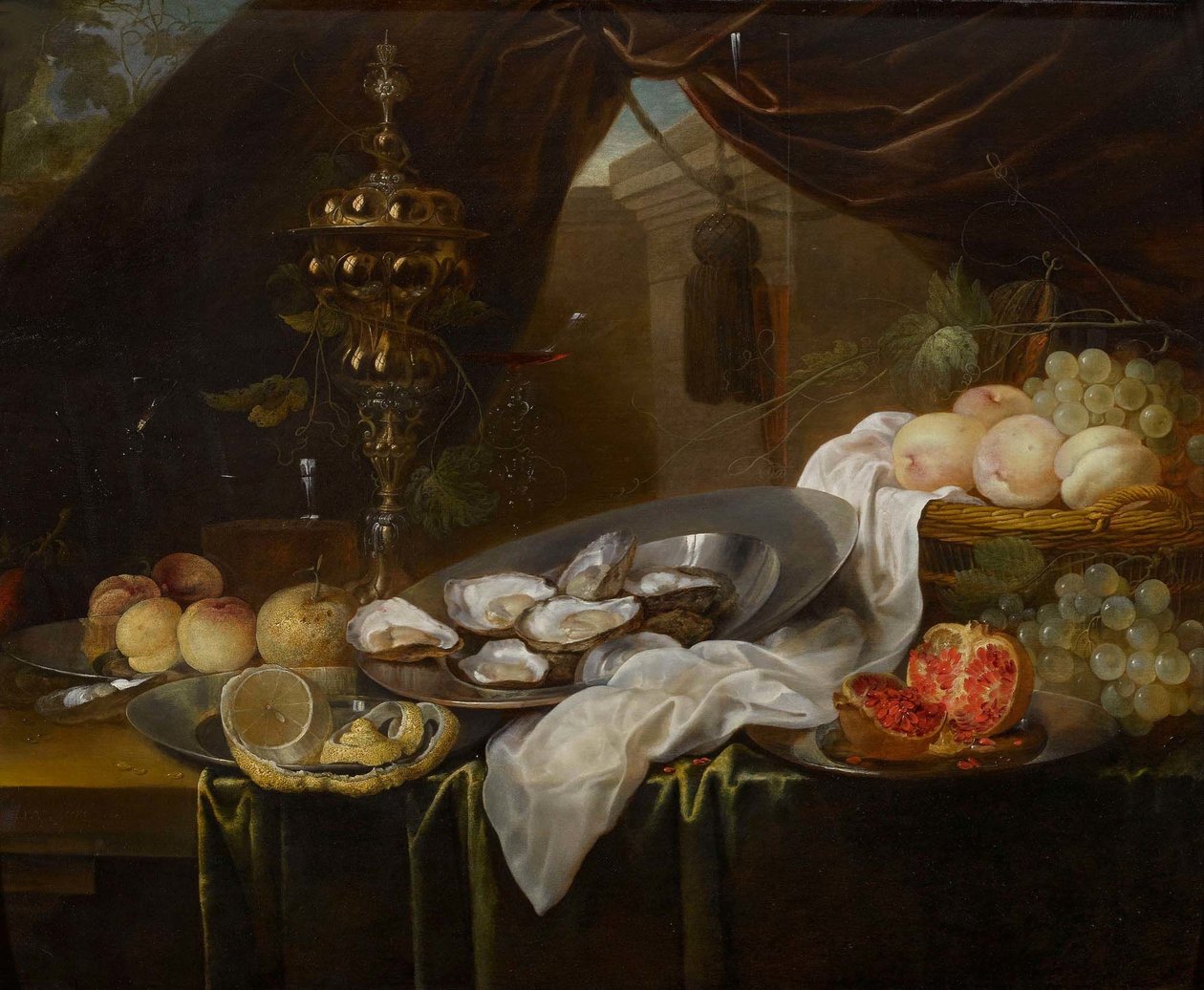 Stilleben med guldbæger, Façon de Venise-glas, frugt og østers af Jan van den Hecke