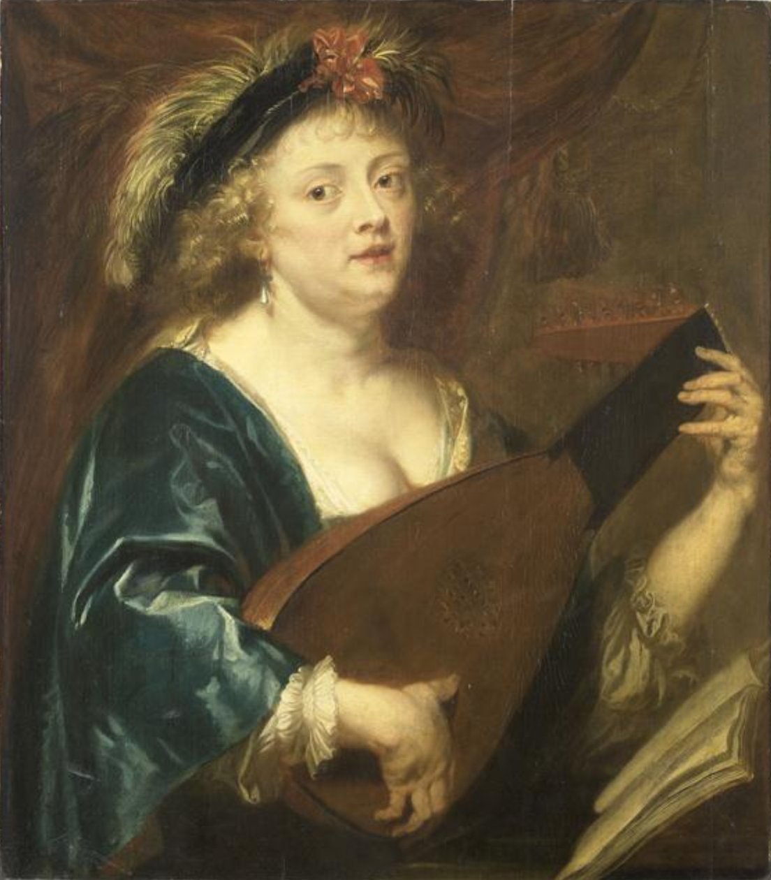 Fransk:  Femme jouant du luth Portræt af en kvinde, der spiller på lut af Jan van den Hoecke