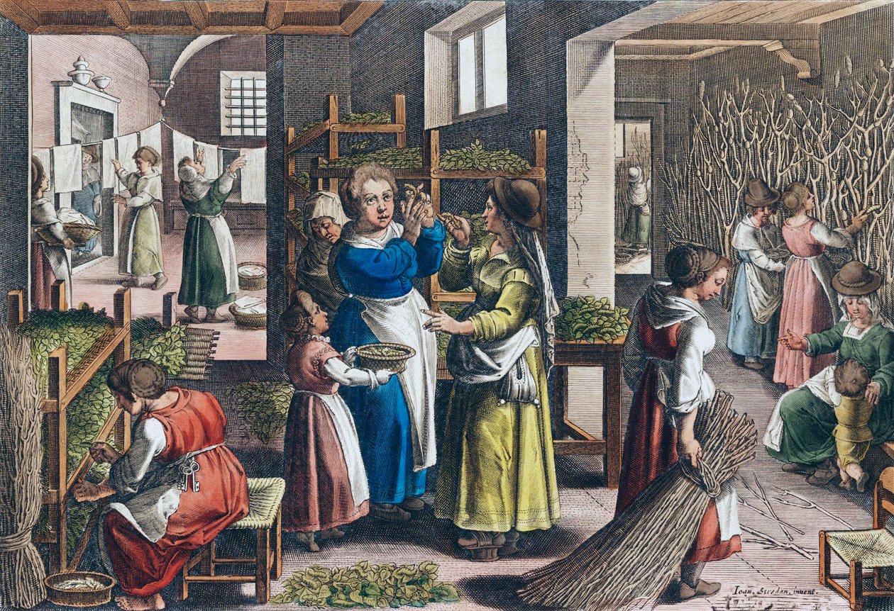 Silkeproduktion i Europa i det 16. århundrede (tryk) af Jan van der (1523 1605) (after) Straet