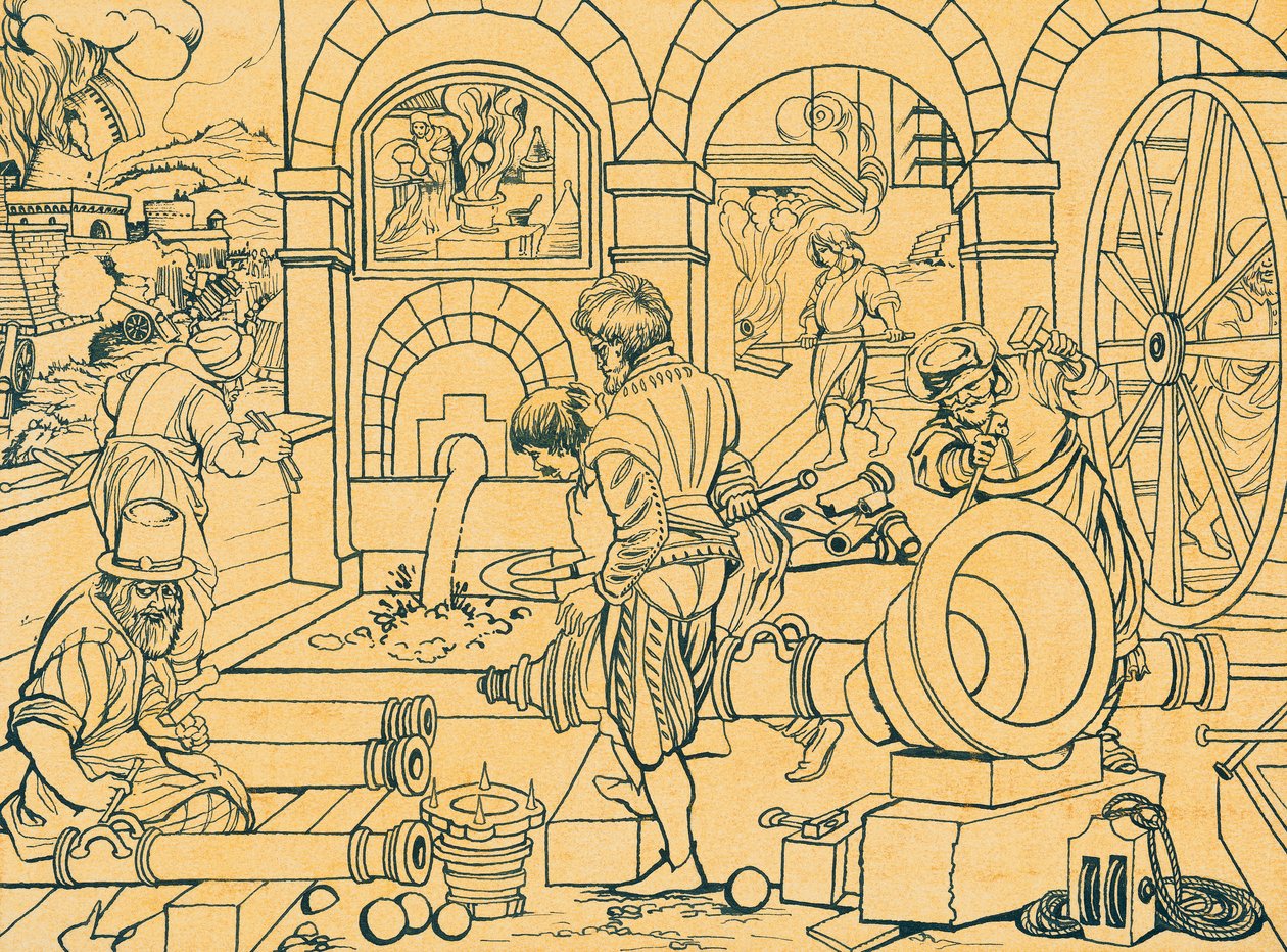 Kanonstøberi, tegning fra Nova Reperta af Jan van der (1523 1605) Straet