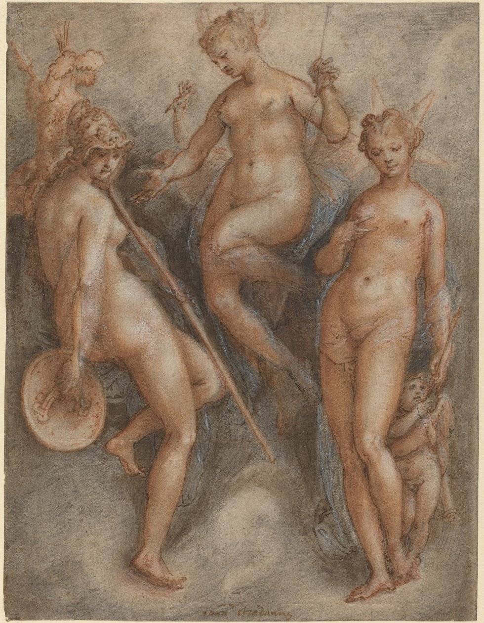 Tre gudinder: Minerva, Juno og Venus, ca. 1587 (pen og brunt blæk og sort og rødt kridt forhøjet med hvidt på lagt papir) af Jan van der Straet