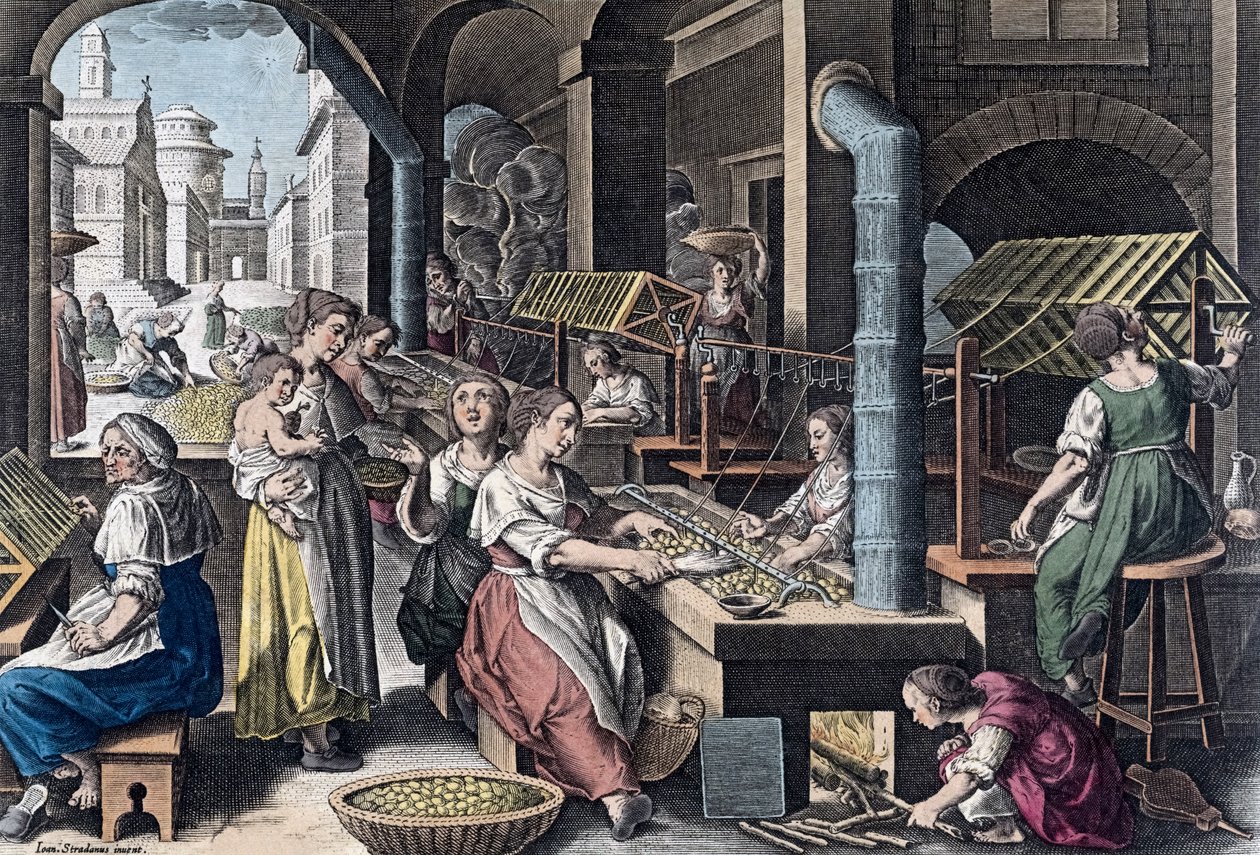 Silkeproduktion i Europa i det 16. århundrede (tryk) af Jan van der (1523 1605) (after) Straet