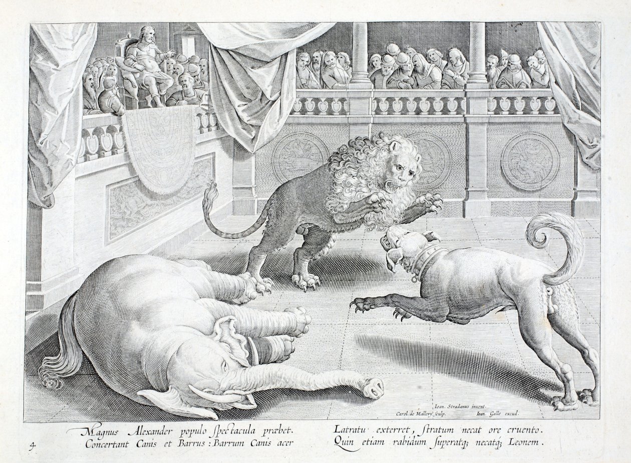 Alexander den Store sætter et skue op, en løve, en hund og en elefant kamp, illustration fra 