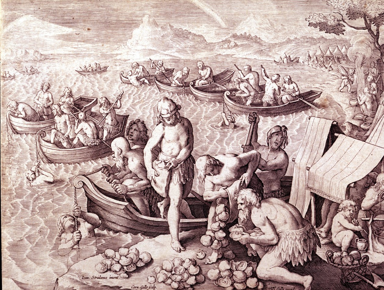 Østersfiskeri. 1600-tallet. Gravering af Giovanni Stradano (Jan Van Der Straet) (Johannes Stradanus) (1523-1605). af Jan van der Straet
