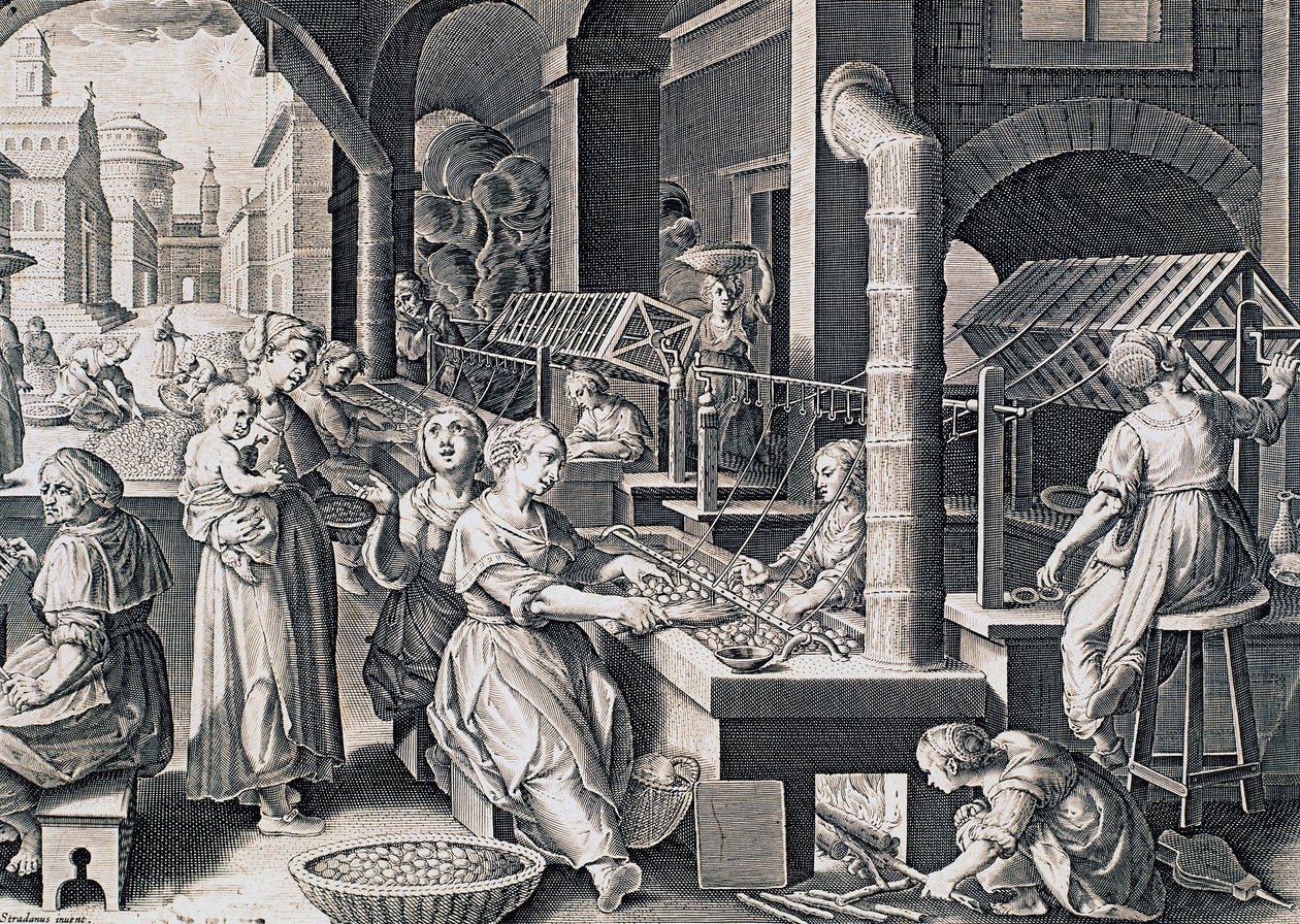 Vermis sericus, kvinder, der spinder silke og opvarmer silkeorme i brand, gravering af Stradanus (1523-1605), Italien af Jan van der Straet