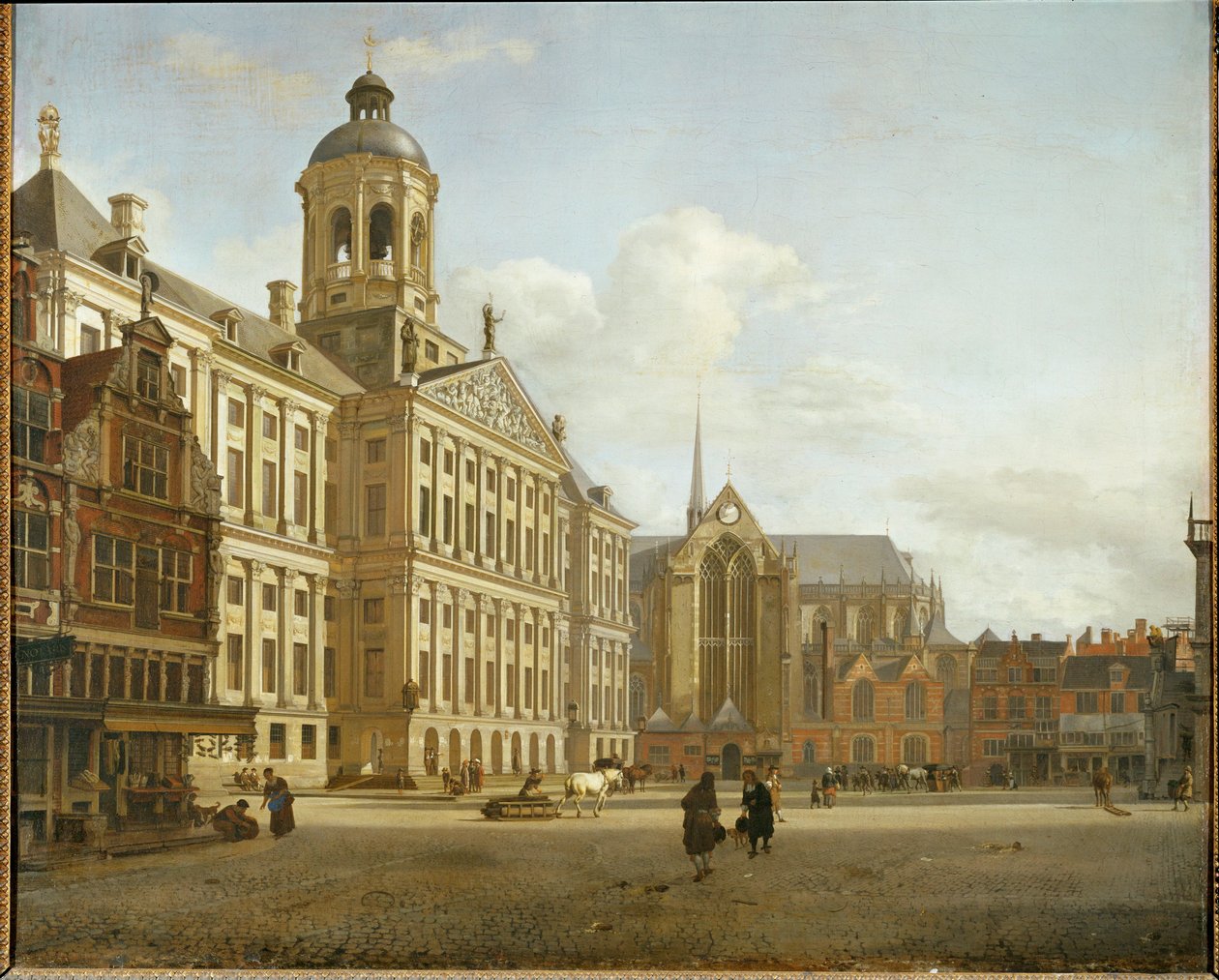 Dam Street og det nye rådhus i Amsterdam, Holland ... af Jan van der (manner of) Heyden