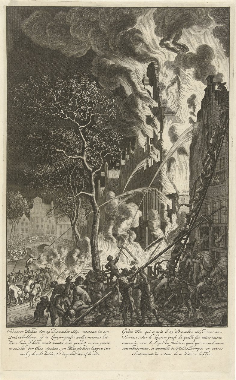 Brand på Lauriergracht i Amsterdam, 1669 Kraftig brand den 29. december 1669. opstod i et sukkerbageri, på Laurier-transplantatet (…) / Grand feu, qui se prit le 29. december 1669. dans une sucrerie, sur le Laurier-transplantatet (…) (titel på objektet) af Jan van der Heyden (attributed to)