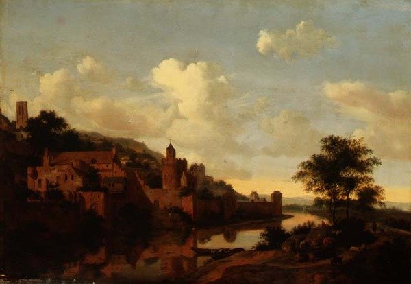 En befæstet by over en flod (panel) af Jan van der Heyden