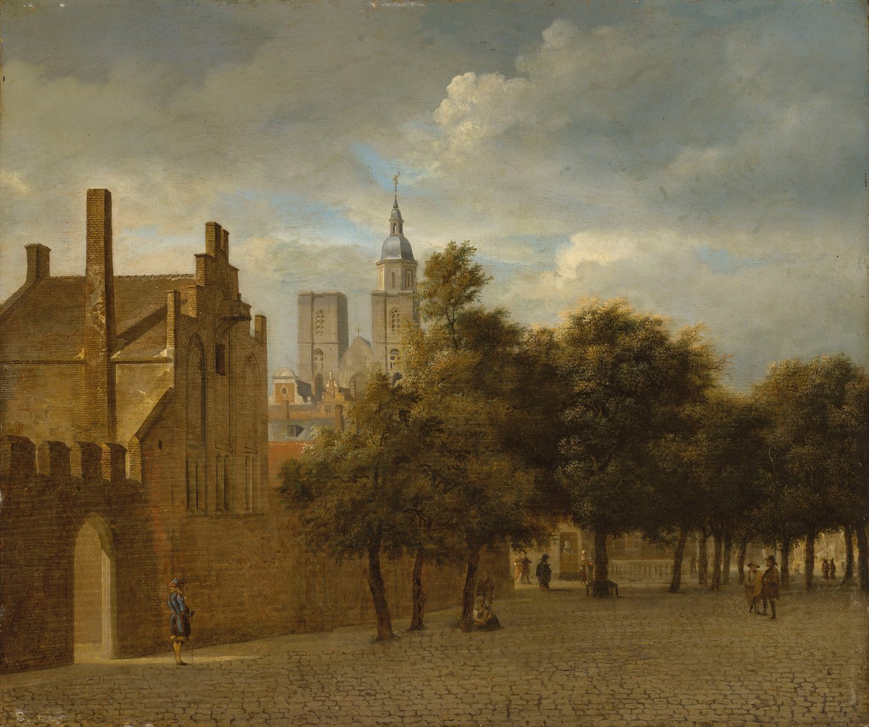 Et bybillede med personer, der promenerer, en kirke bagved af Jan van der Heyden