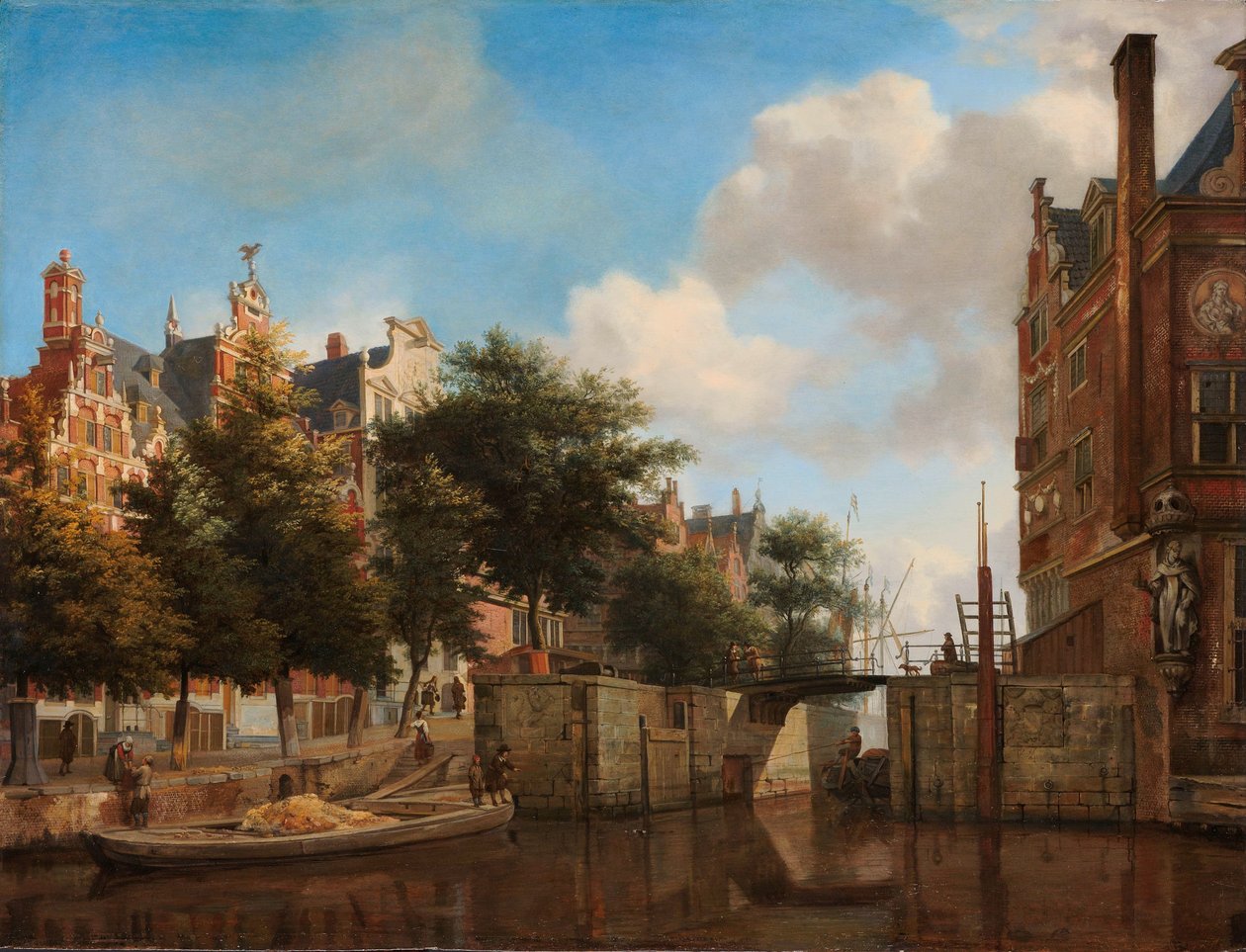 Amsterdam City View med huse på Herengracht og den gamle Haarlemmersluis Nieuwe Zijds Voorburgwal med Oude Haarlemmersluis, Amsterdam (med topografiske friheder) af Jan van der Heyden