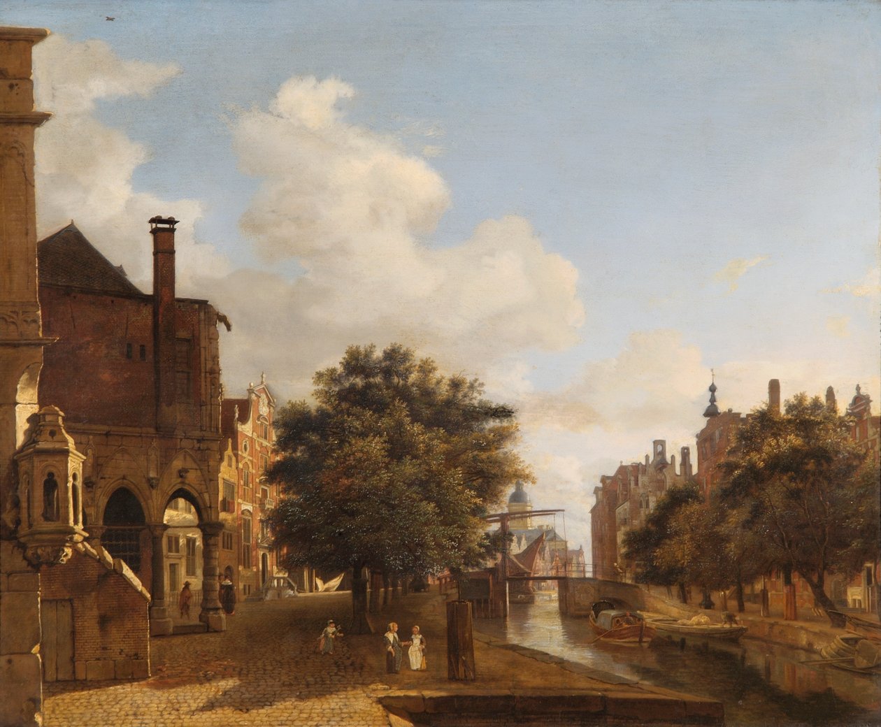 Architectural Fantasy, med det gamle rådhus, Amsterdam ca. 1667-72 (olie på egetræspanel) af Jan van der Heyden