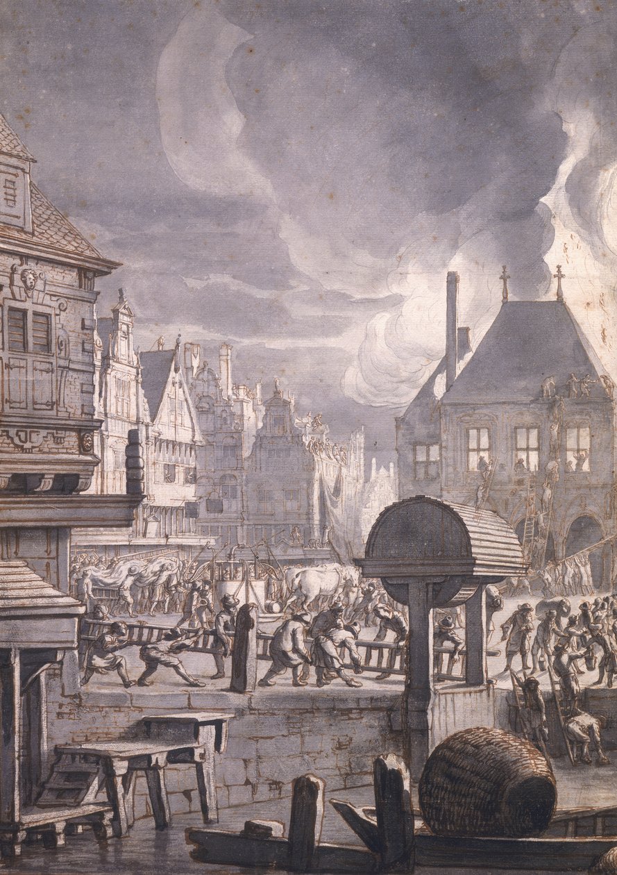 Brand ved det gamle rådhus i Amsterdam, 17. juli 1652 (pen og blæk og wc på papir) af Jan van der Heyden