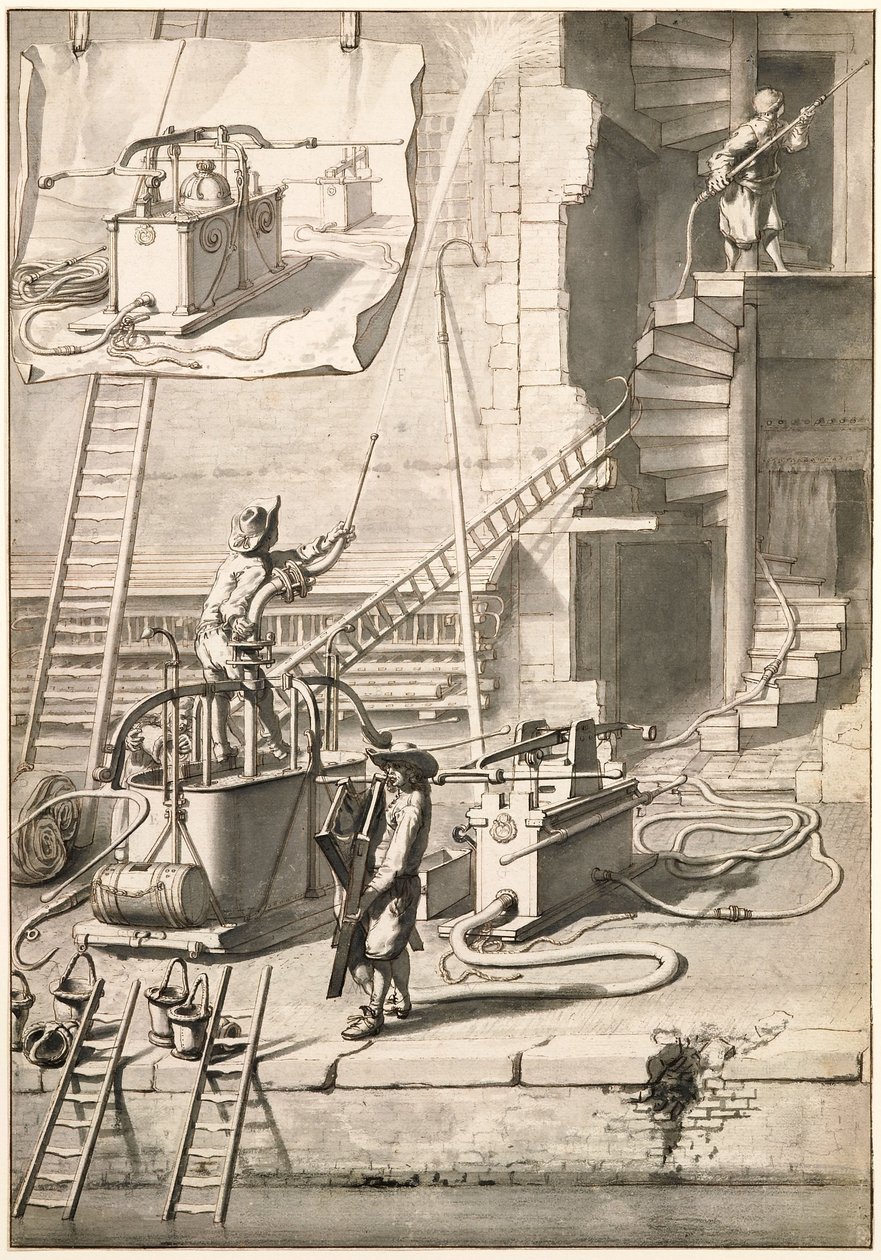 Sammenligning af de gamle brandslanger med Van der Heydens slangebrandslange af Jan van der Heyden