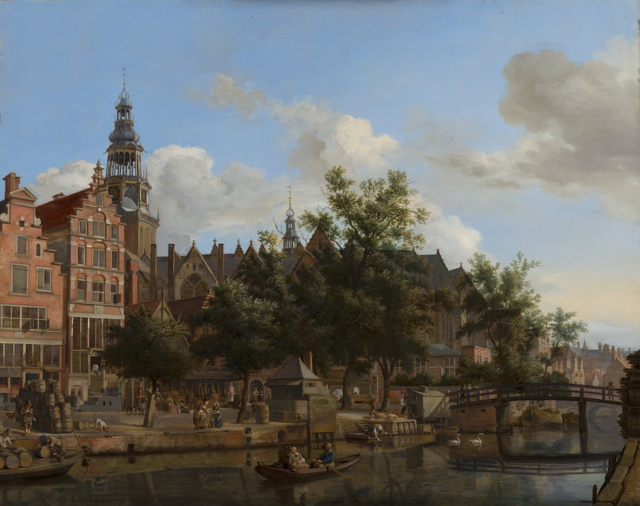 Udsigt over Oudezijds Voorburgwal med Oude Kerk i Amsterdam, ca. 1670 (olie på panel) af Jan van der Heyden