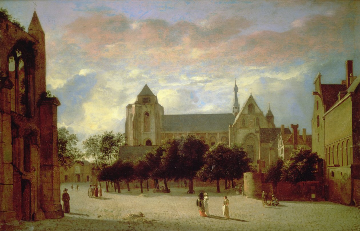 Udsigt over Grote Kerk ved Veere fra syd (olie på panel) af Jan van der Heyden