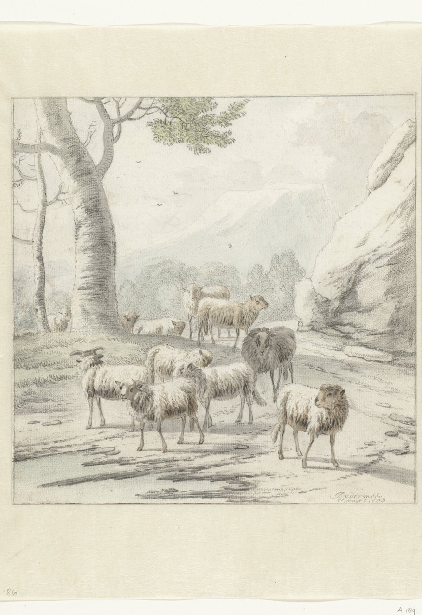 Landskab med en flok får nær et træ af Jan van der Meer (II)