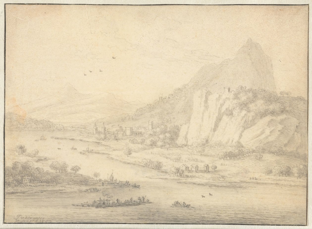 Bjergrigt flodlandskab med både af Jan van der Meer (II)