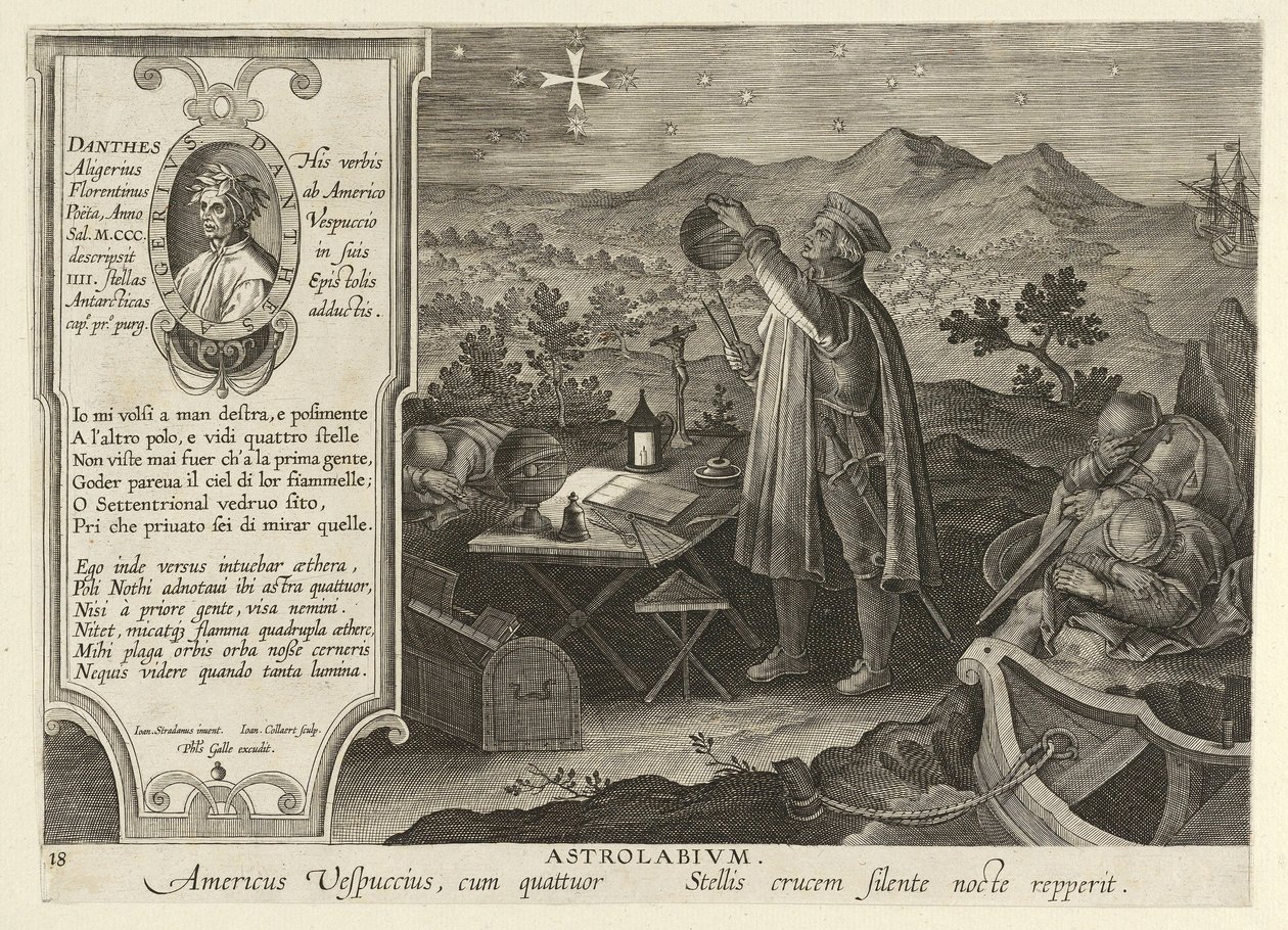 Amerigo Vespucci Opdagelse af sydkorset med en astrolabium, pub. 1600. af Jan van der Straet