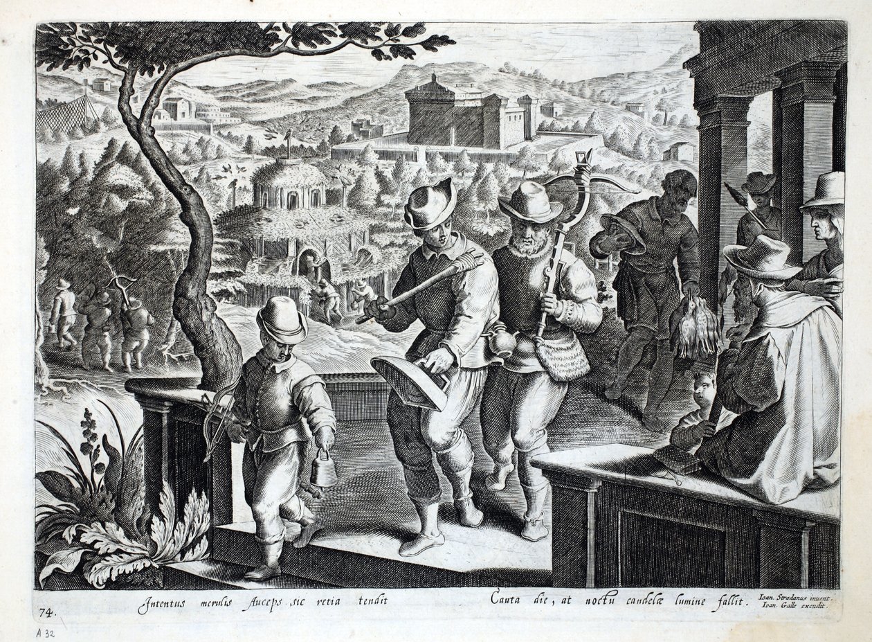 Fuglefangere på vej ud for at fange solsorte, illustration fra "Venationes, Ferarum, Avium, Piscium" (Om jagt: vilde dyr, fugle, fisk), graveret af Jan Collaert (1566-1628), udgivet af Phillipus Gall. af Jan van der Straet