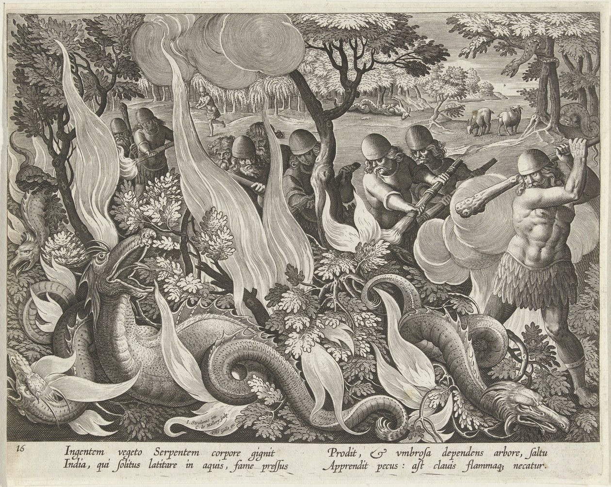 At fange slanger i Indien ved hjælp af køller og fakler til at tænde underskoven, pub. 1640 gravering. af Jan van der Straet