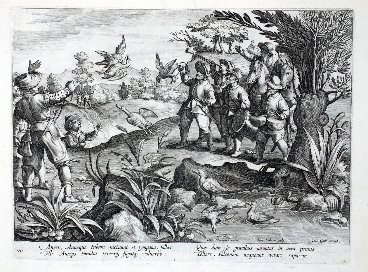 Jægere, der bruger falke til at jage gæs, illustration fra 