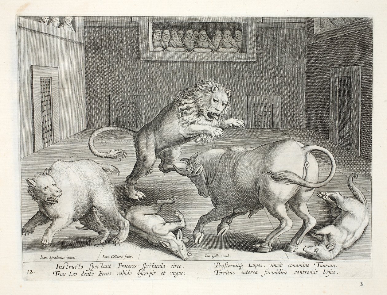 Adelsmænd ser kamp mod vilde dyr i et indendørs cirkus, illustration fra 