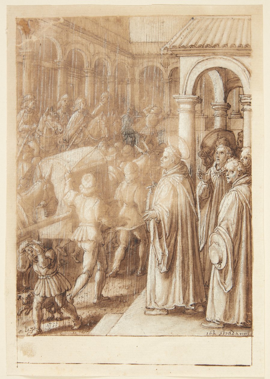 S. Giovanni Alberti Fiorentinos historie. Helgenen anklager på torvet biskopperne af Firenze for simoni(?) af Jan van der Straet