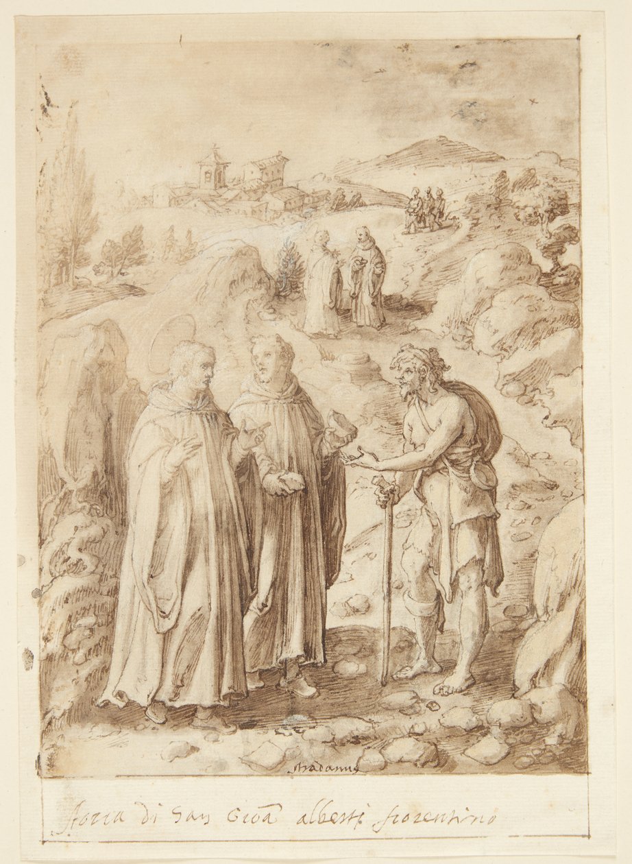 S. Giovanni Alberti Fiorentinos historie. Helgenen og den ledsagende munk giver en tigger deres sidste brød af Jan van der Straet