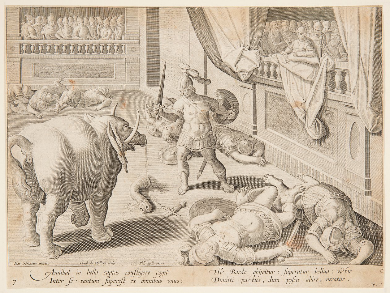 En romersk soldat, der kæmper mod en af ​​Hannibals elefanter, pl. 7 i serien Game, Birds and Fish af Jan van der Straet, called Stradanus