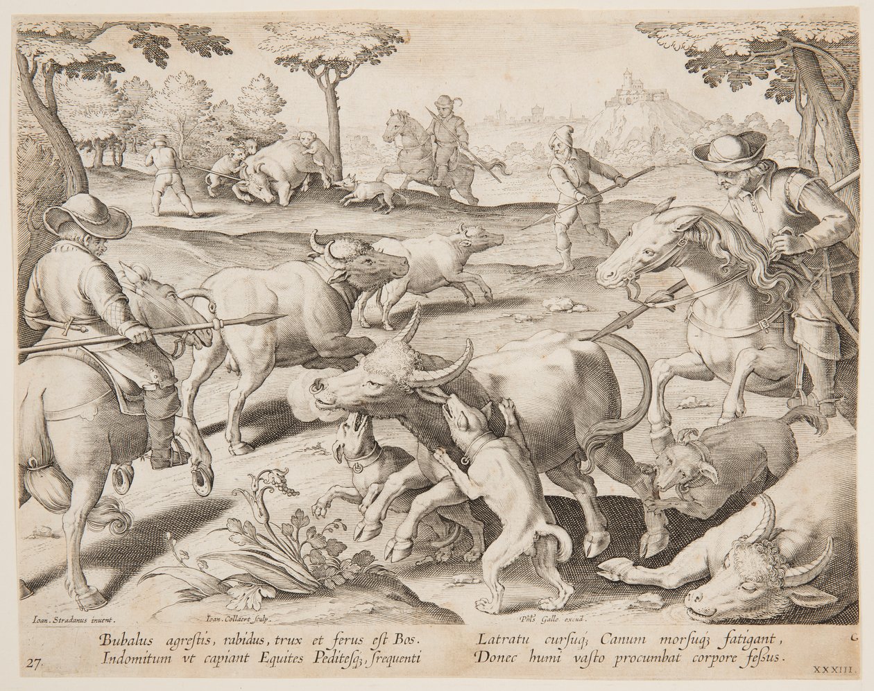 Buffalo Hunt, tallerken 27 i Hunts of Game, Birds and Fish-serien af Jan van der Straet, called Stradanus