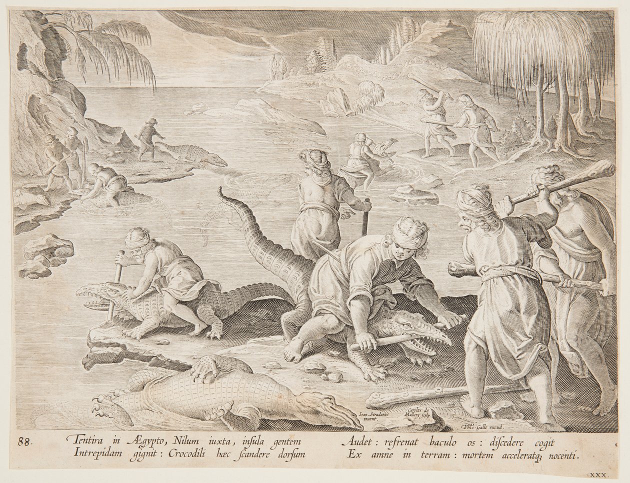 Krokodillejagt i Tentyra, i Egypten, tallerken 30 fra Hunts of Wild Animals, Birds and Fish-serien af Jan van der Straet, called Stradanus