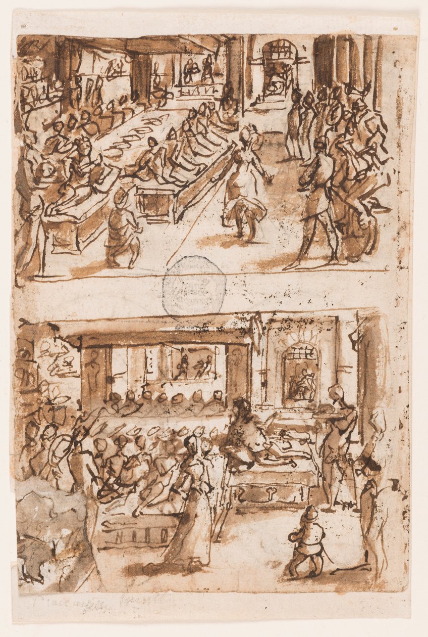 Dans af Salome; Verso, ovenfor: Daniels fortolkning af kong Nebukadnezars anden drøm, foreløbig design til "Spiritus Consilii" (Rådets ånd), plade 3 i trykserien "Helligåndens syv gaver"; Verso, nedenfor: To ovaler, o af Jan van der Straet, called Stradanus
