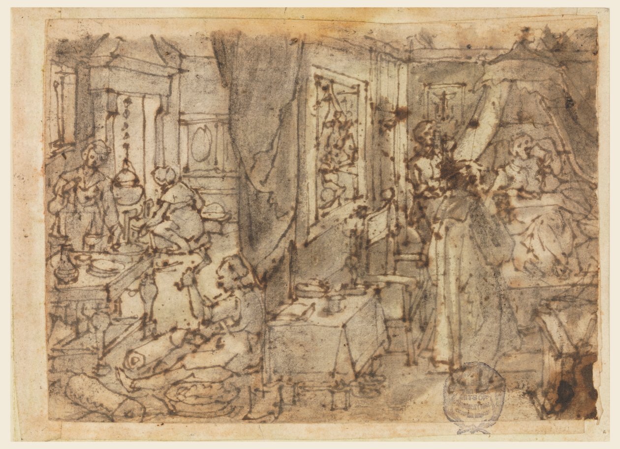Discovery of Guaiacum as a Cure for Venereal Disease, design til "Hyacum et lues venerea," plade 6 i Nova Reperta (New Inventions of Modern Times) print-serien af Jan van der Straet, called Stradanus