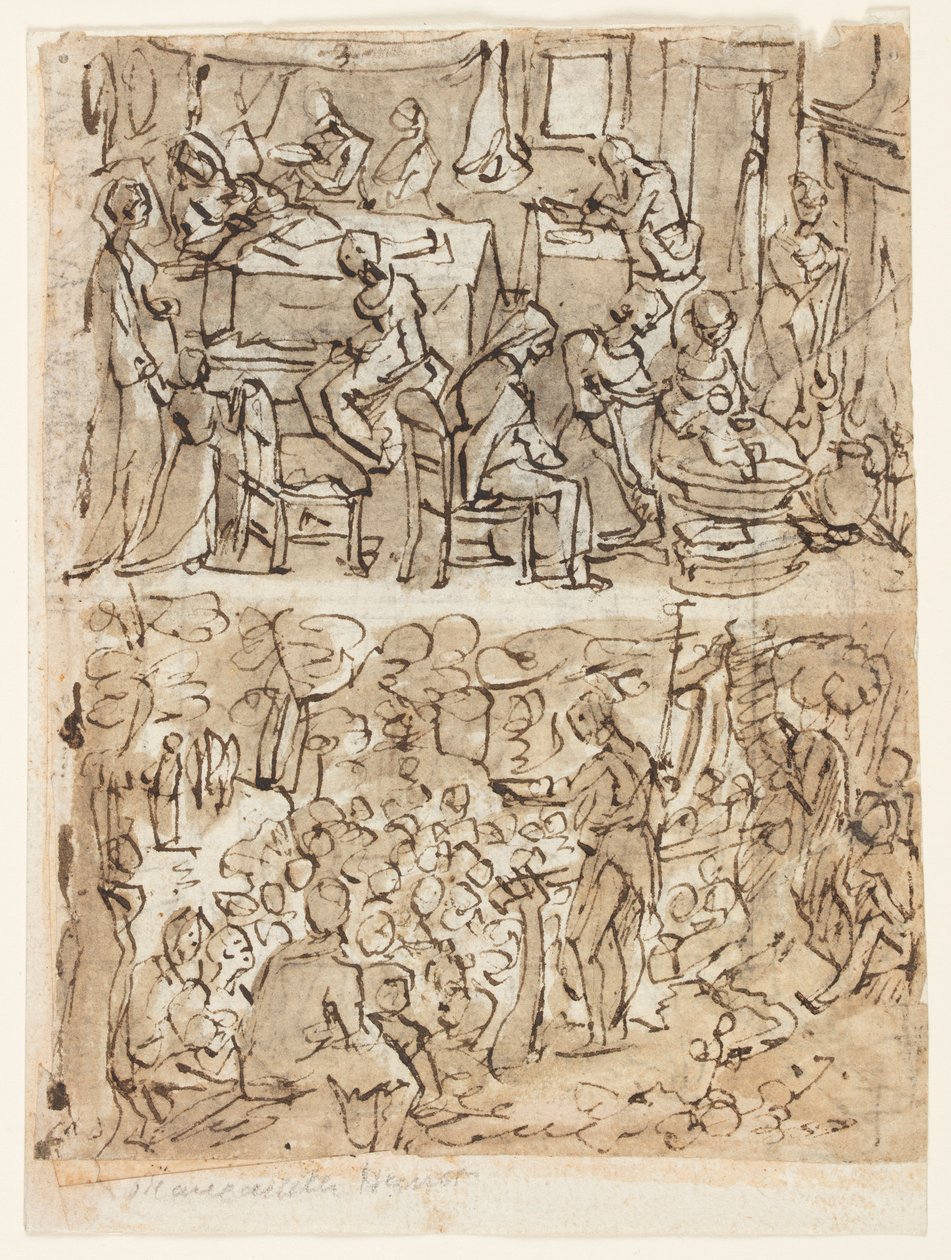 Fire scener fra Johannes Døberens liv, foreløbige designs til en printserie (recto og verso) af Jan van der Straet, called Stradanus