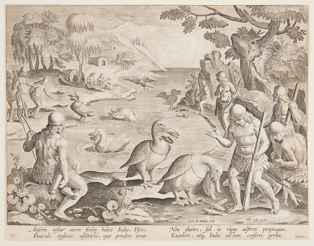 Indianere, der fanger fisk ved hjælp af pelikaner, tallerken 23 i Game of Game, Birds and Fish-serien af Jan van der Straet, called Stradanus