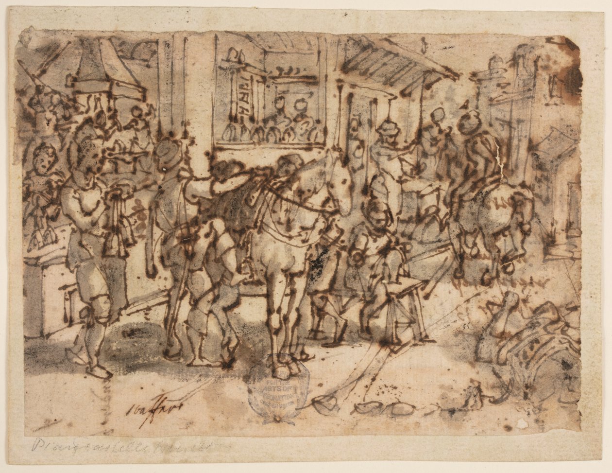 Opfindelsen af stigbøjlen, design for "Staphae, sive stapedes," pl. 9 i trykserien Nova Reperta (New Inventions of Modern Times). af Jan van der Straet, called Stradanus