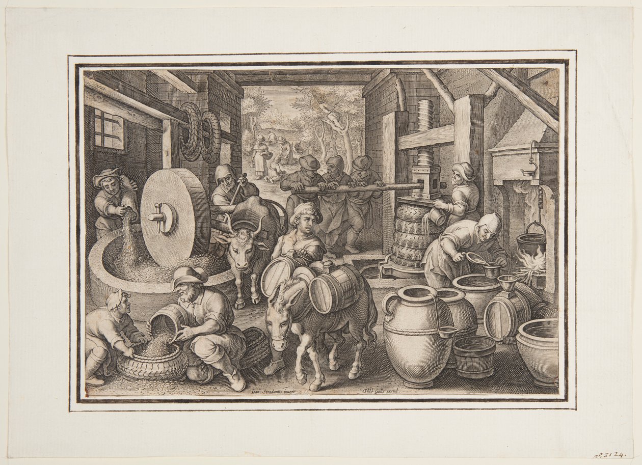 Oleum Olivarum (Produktionen af olivenolie), plade 12 i Nova Reperta (New Inventions of Modern Times) af Jan van der Straet, called Stradanus