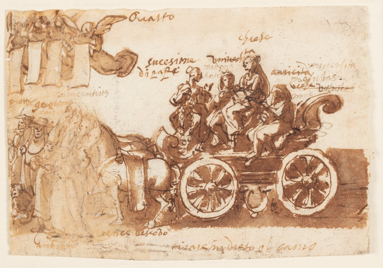 Side i en skitsebog; Vogn og tre heste af Jan van der Straet, called Stradanus