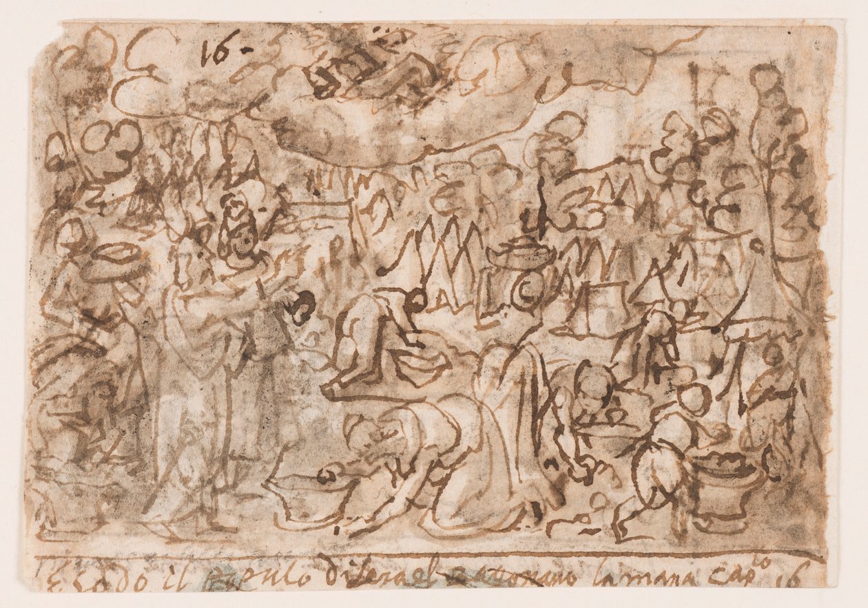 Side i en skitsebog; Exodus - indsamling af manna; Ofre af Jan van der Straet, called Stradanus