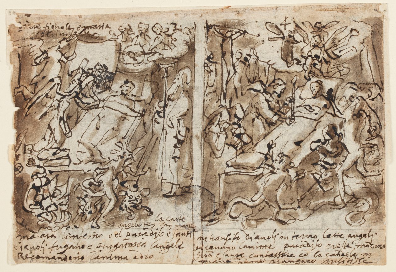 Side i en skitsebog; Himmelske magter hjælper fromme; Skitse til portræt af helgen; Dekoration af fronton af Jan van der Straet, called Stradanus