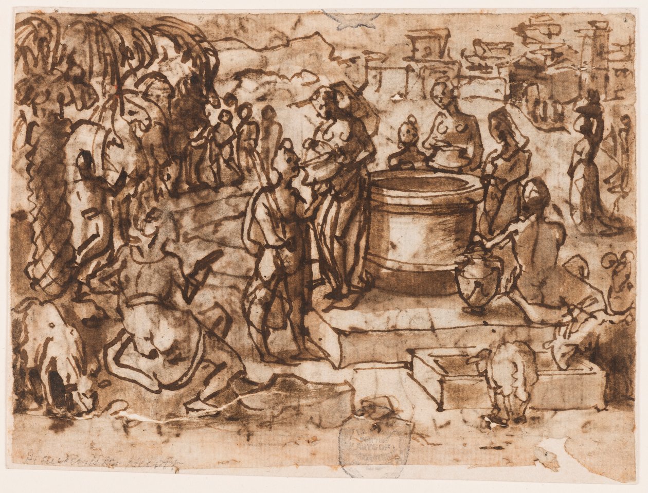 Side i en skitsebog; Moses og Jetros døtre af Jan van der Straet, called Stradanus