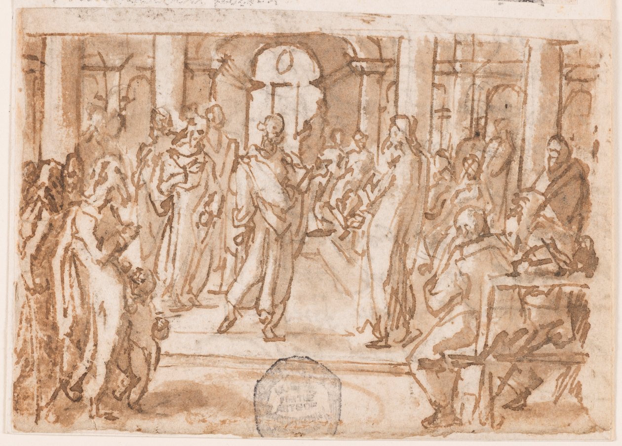 Peter og John Adspurgt af det høje råd, foreløbigt design til "Spiritus Scientiae" (Videnskabens ånd), plade 5 i printserien "Seven Gifts of the Holy Spirit" af Jan van der Straet, called Stradanus